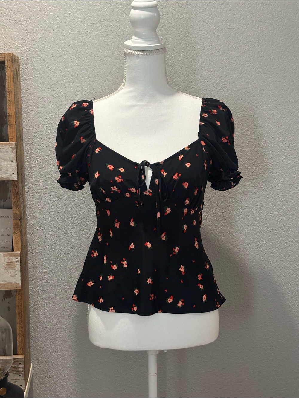 Topshop Black Floral Tie-Front Puff Sleeve Blouse